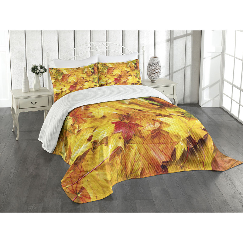 Ambesonne Fall Bedspread Set Wet Maple Leaves Nature Multicolor, King Bedspread + 2 Standard Shams