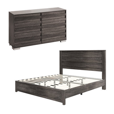  Farmhouse 2 Piece King Bedroom Set, Platform Bed And 6 Drawer Dresser, Gray