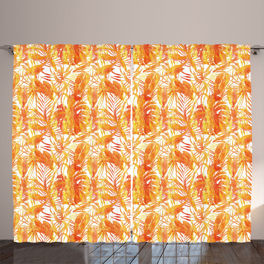 Rustic curtain, summery relaxed forest print, palm trees, dark orange mustard