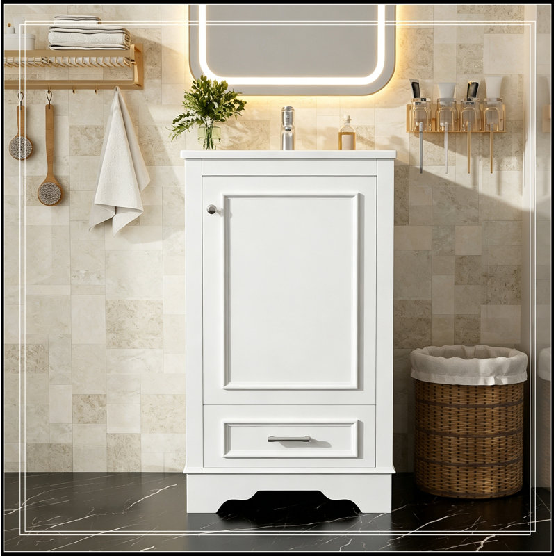 Meuble-lavabo de salle de bain avec lavabo en céramique, porte à fermeture et tablette réglable, White
