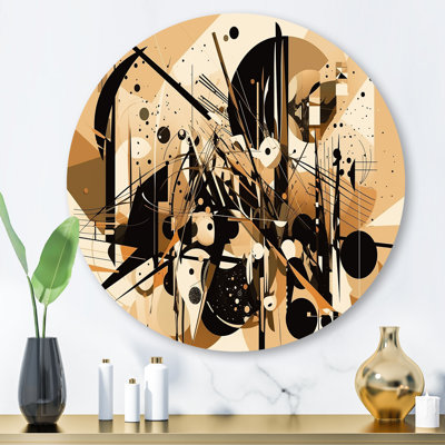 Black And Beige Wild Shapes - Abstract Geometric Round Wall Art on Metal