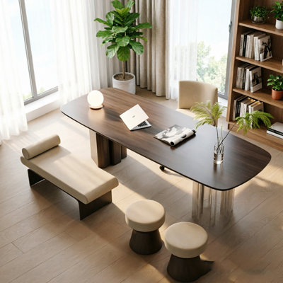 Bureau d'écriture brun en bois massif avec pieds en colonne en acrylique transparent, polyvalent pour tous les cas de figure