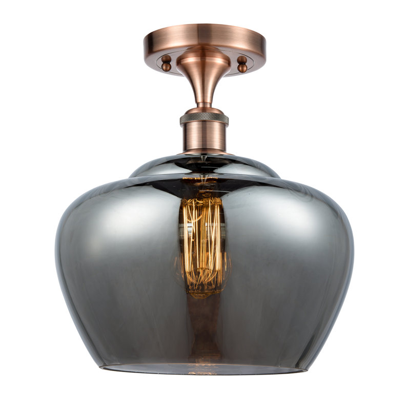 Plafonnier semi-encastré 1 lumière Renee, Plaqué couleur fumée, Cuivre antique, Ampoule incandescente rétro de 60 watts