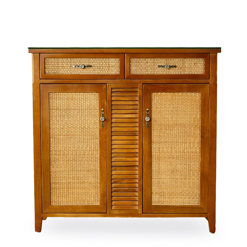 Banc de rangement en verre brun + bois massif + bois manufacturé + rotin, Brun