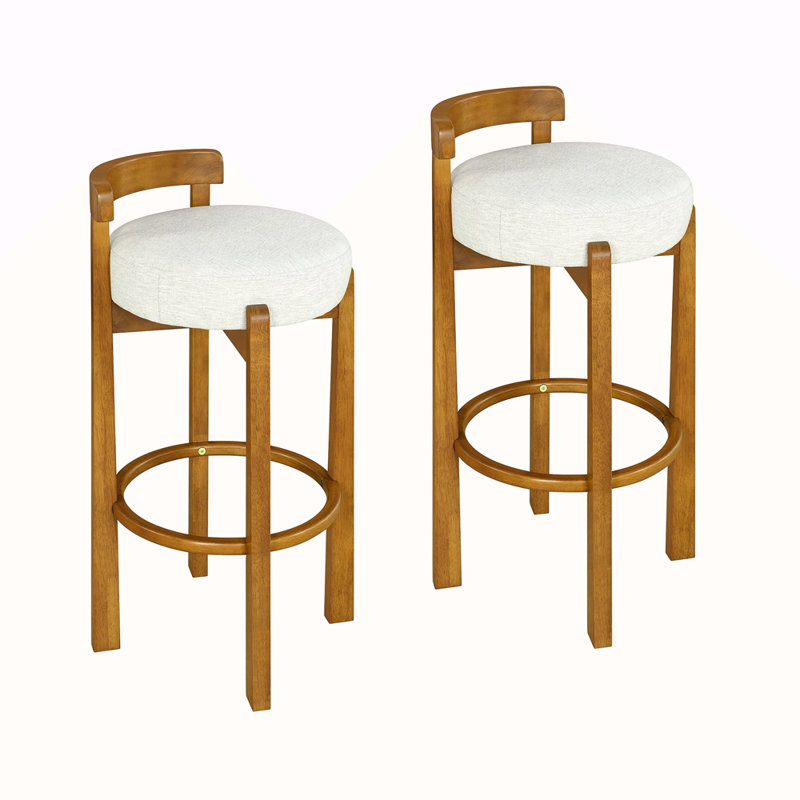 Tabouret de bar d'intérieur à dossier bas en bois, finition noyer et revêtement, ensemble de 2, Ivoire ivoire