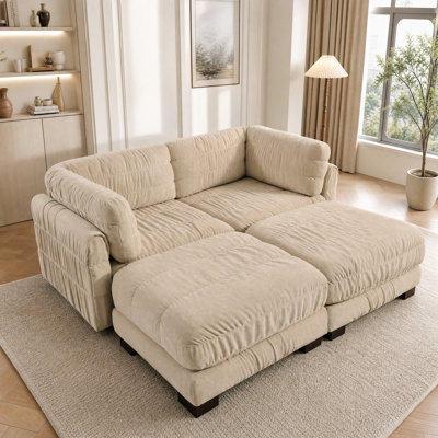Canapé modulable 2 places en chenille en forme de U avec accents plissés, pouf amovible, mousse haute densité et coussins de dossier épais en forme de L ; convient aux salons et aux chambres