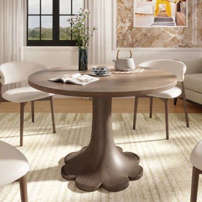 Dark Walnut Tone Solid Wood Round Dining Table Floral Shape 4-8 Seats