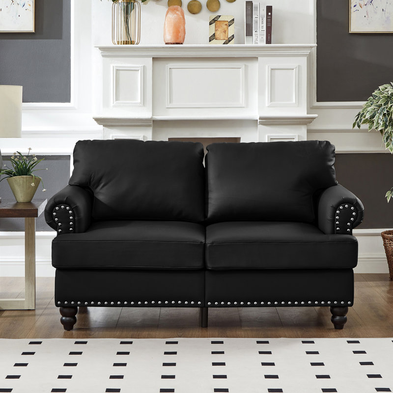 Canapé moderne de 151 cm (59,5 po) en cuir de vache noir, clous argentés sur les accoudoirs ronds, structure en bois massif, coussin d'assise en mousse haute densité, housse amovible, rangement de style classique, ressorts ensachés