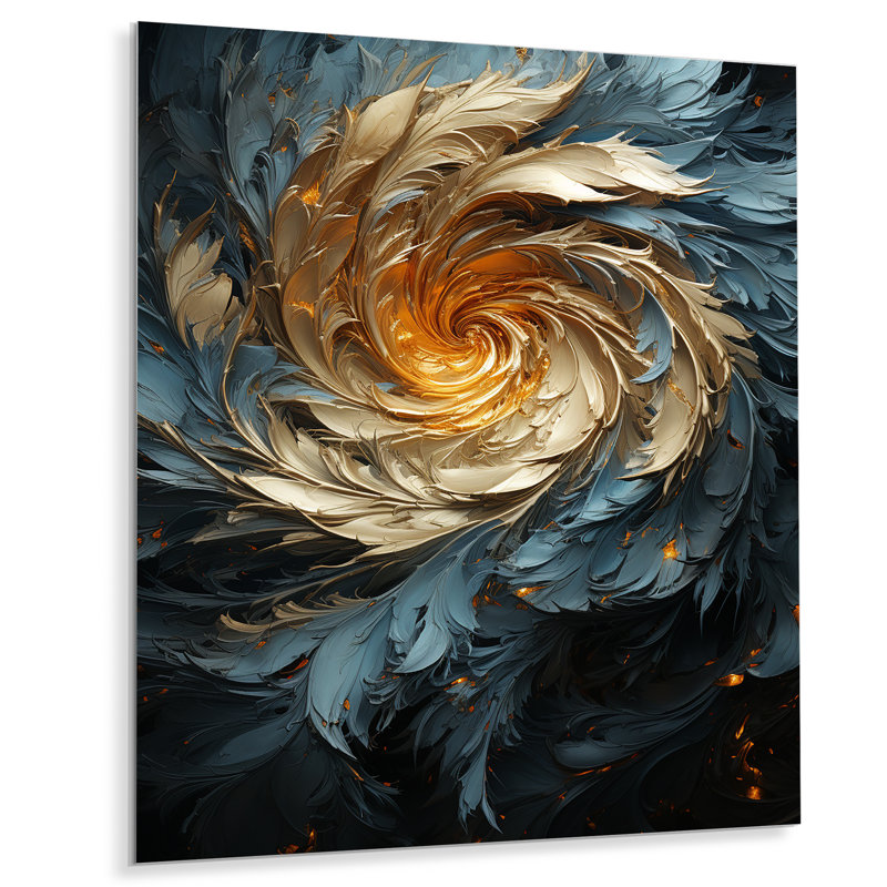 Plume abstraite jaune et bleue - Spirale abstraite, art mural en métal, H 20 po x l 12 po x P 1 po