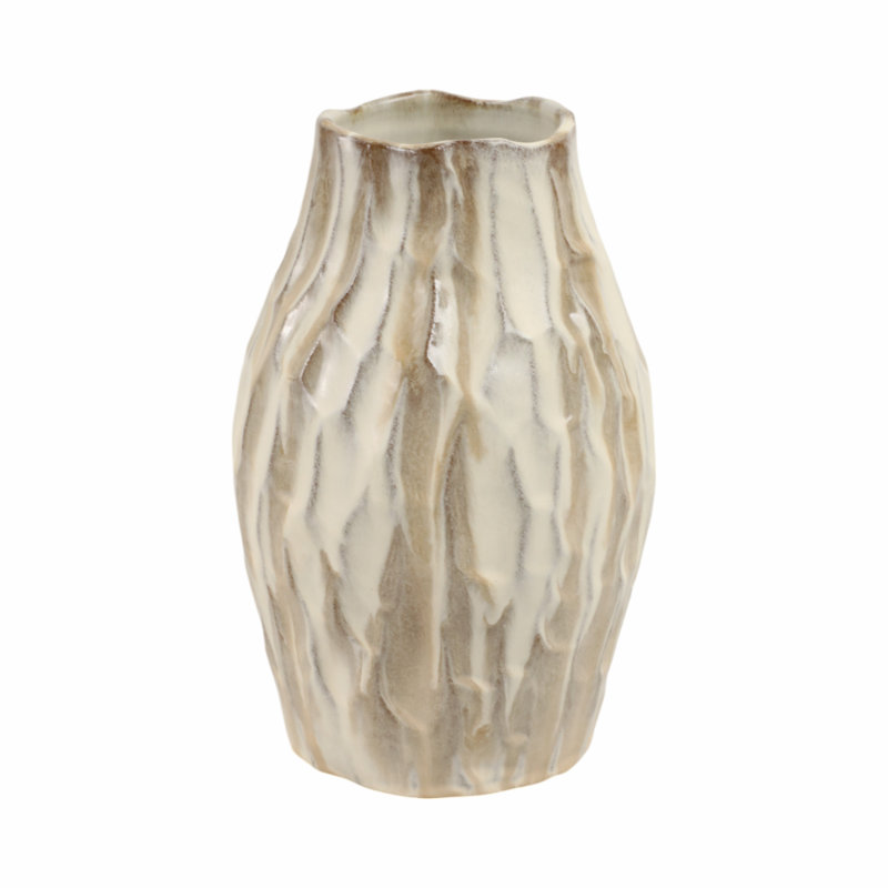 Terracotta Vase with Textured Carved Design Decorative Modern Accent Piece, 12" H x 7" W x 7" D 