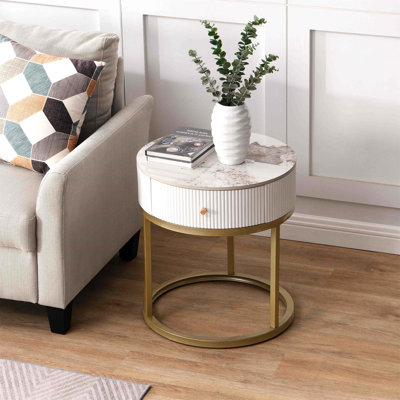 Table de chevet moderne avec tiroir, table de bout ronde en faux marbre avec rangement