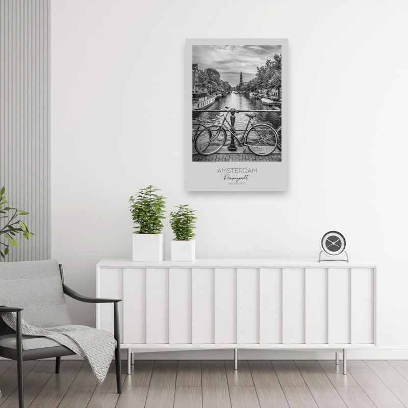 «Vélo surplombant la ville de Prinsengracht», art mural contemporain abstrait, reproduction d'art, 36" H x 24" W