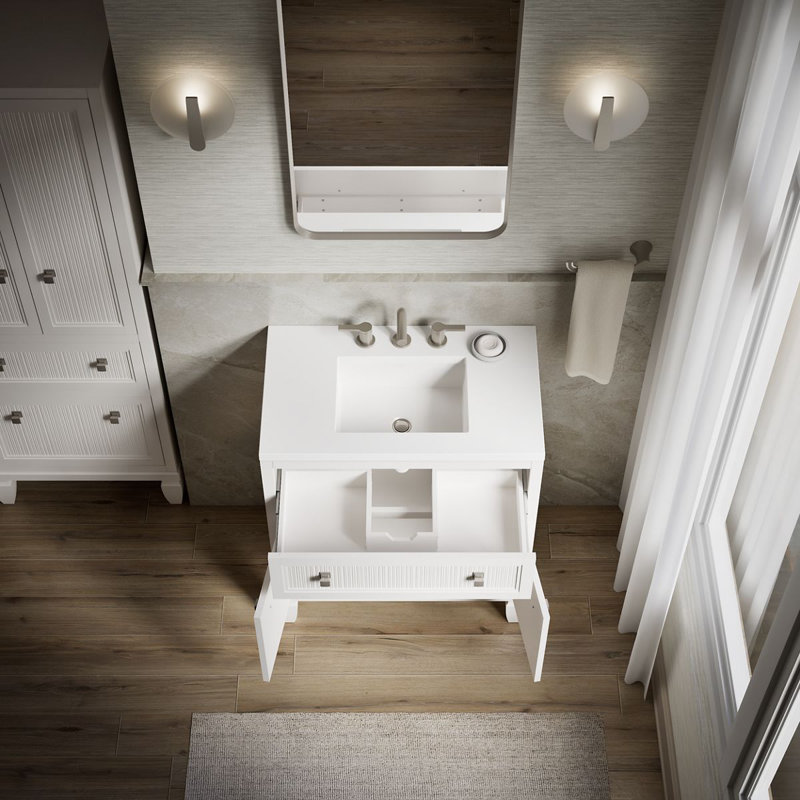 Hearthaven Free Standing Single Bathroom Vanity Cabinet with Sink and Quartz Top, White, 30"