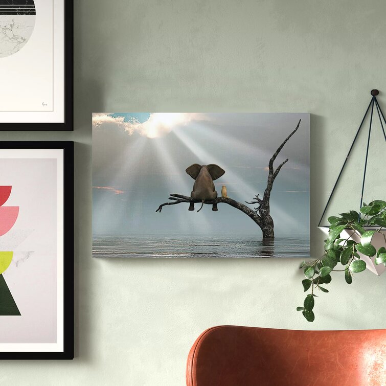 Elephant And Dog Are Sitting On A Tree Fleeing A Flood by Mike Kiev - Wrapped Canvas Art Prints