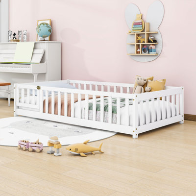 Wooden Low-Floor Bed With Enclosed Fence Design And Door