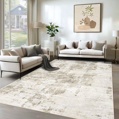 Tapis lavable abstrait moderne, 6 pi x 9 pi, neutre, antidérapant, doux, antitaches pour la chambre à coucher, brun beige