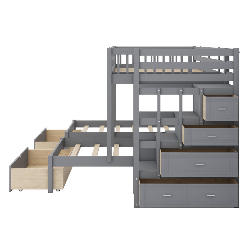 Wood Triple Bunk Bed With Drawers And Guardrails, Grey