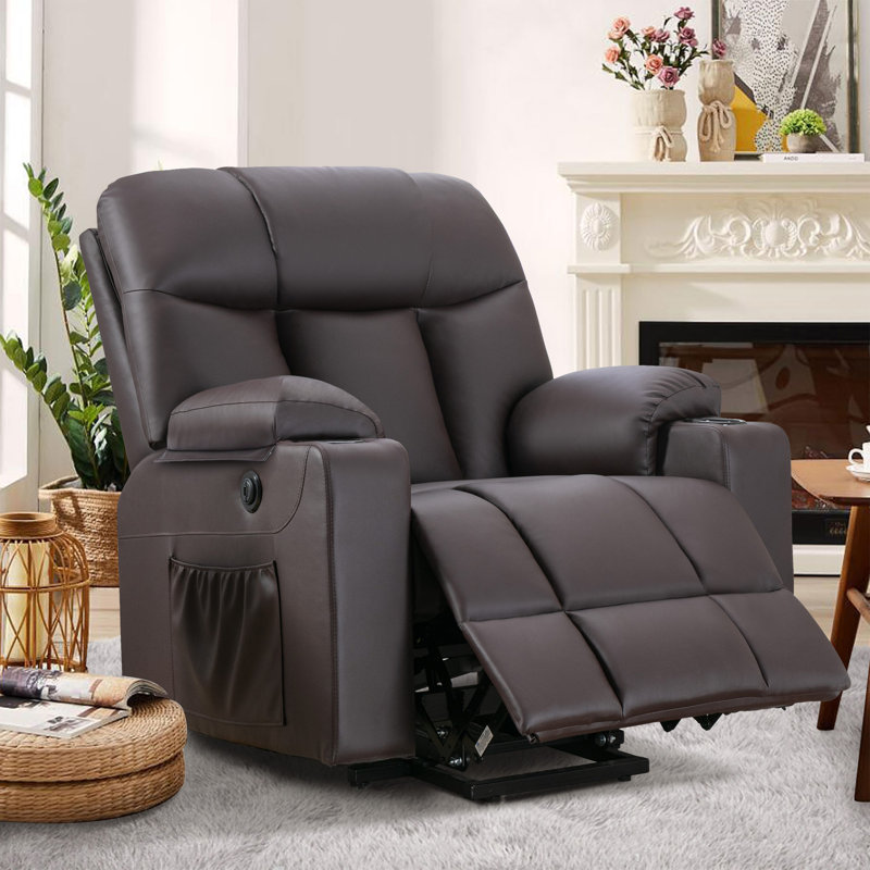 Fauteuil inclinable massant et surdimensionné en similicuir de 37,8 po avec portemanteau électrique et USB, Similicuir brun