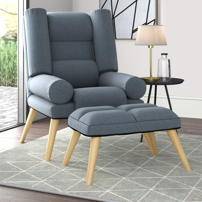 Denzel Upholstered Accent Chair with Footstool, Grey