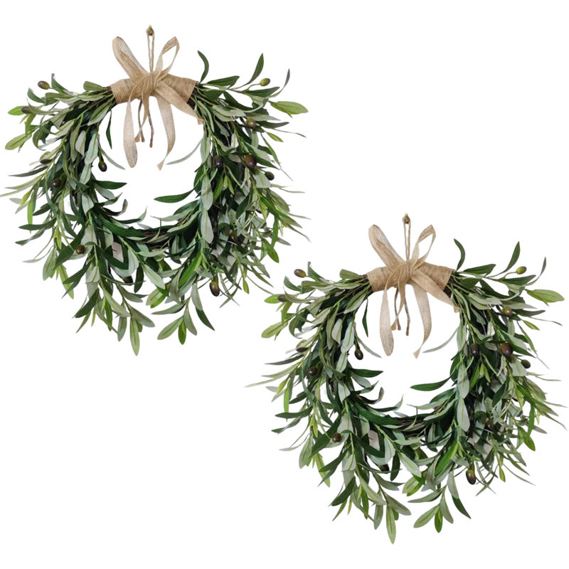 Ensemble de 2 couronnes de Noël en forme de cœur de 19,6 po avec baies et nœuds, feuille d'olivier artificielle et décor de fruits pour la porte d'entrée, le mur, le manteau de cheminée, la décoration des Fêtes