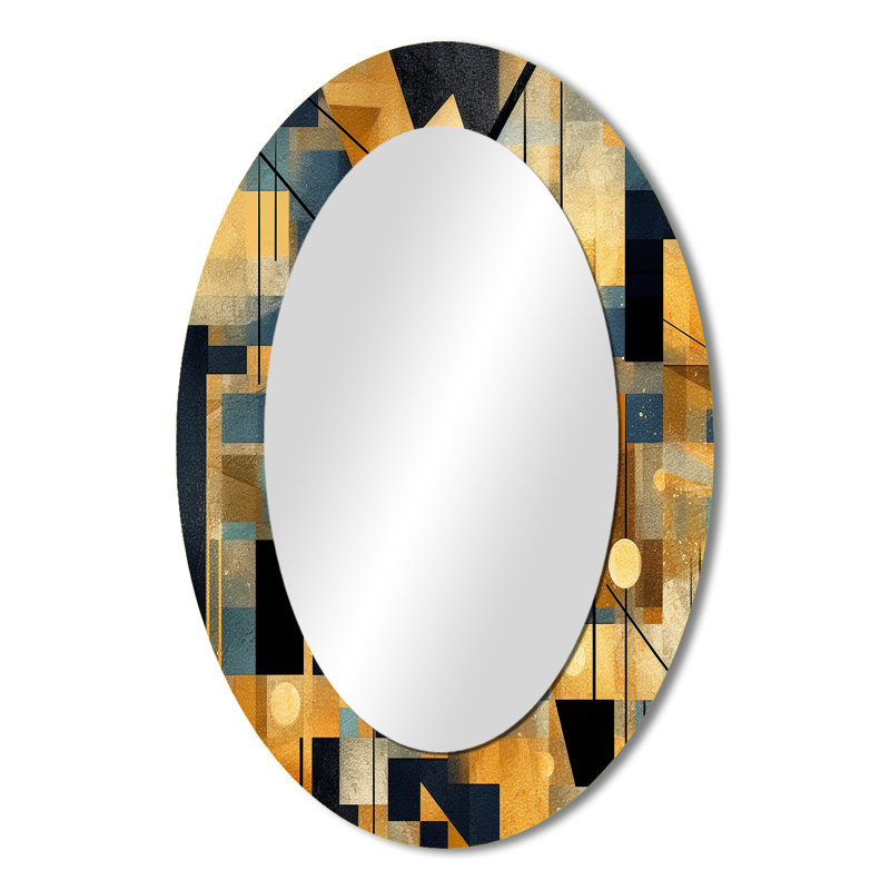 Gold Cubist Visions II - Miroir décoratif abstrait ovale sur métal, 36 po x 24 po