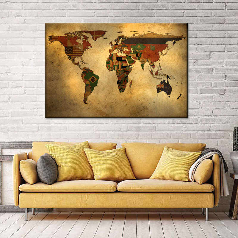 Carte des drapeaux du monde sur toile, H 12 po x l 8 po x P 1 po