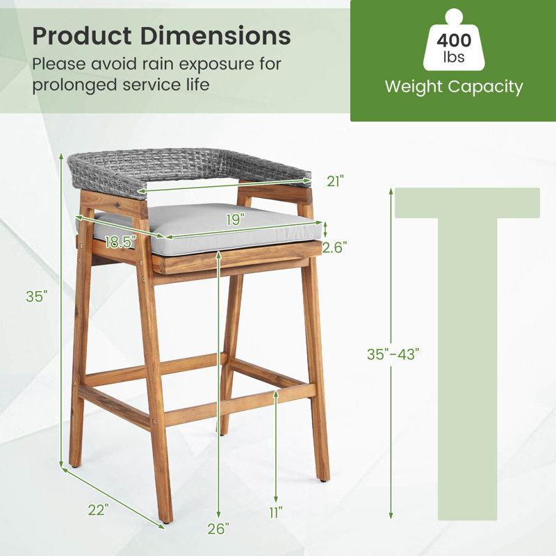 Ensemble de 2 tabourets de bar à hauteur de comptoir pour patio avec coussins en osier