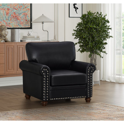 Single Seat Chair In Living Room, Black Faux Leather, Metal & Wood Structure, Comfortable Room Chair, Leather Finish, Solid Legs, Firm Back Cushion
