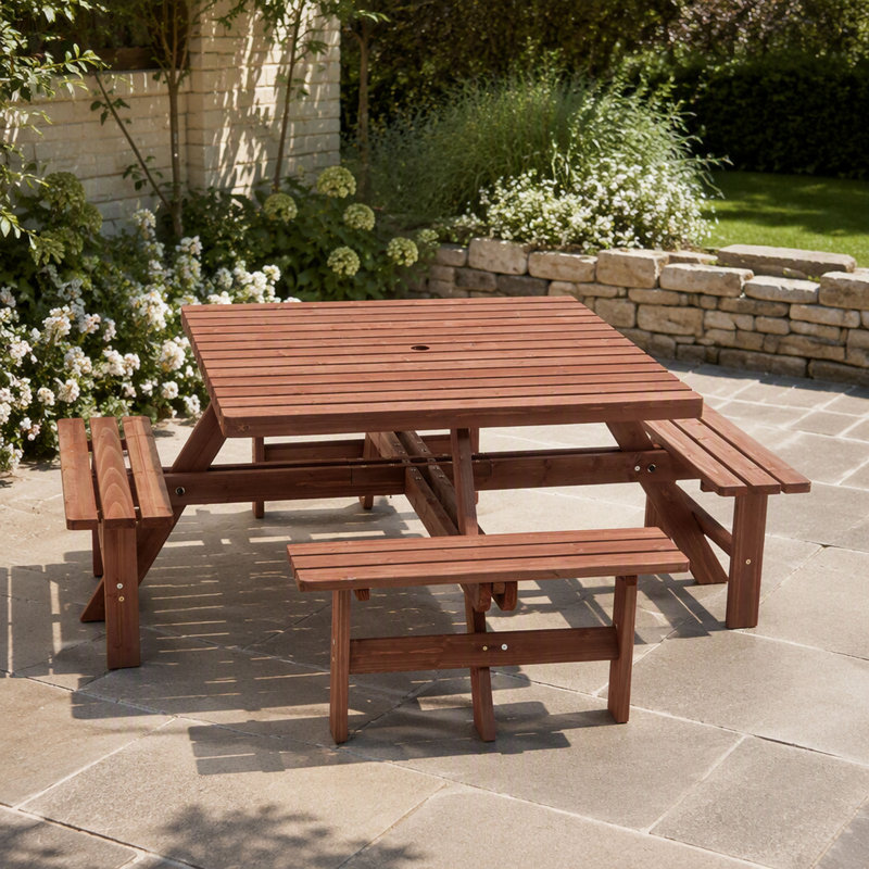 8-Person Square Picnic Table With Umbrella Hole Waterproof & Sturdy Cross Structure Outdoor Dining Set For Backyard Garden Camping Easy Clean