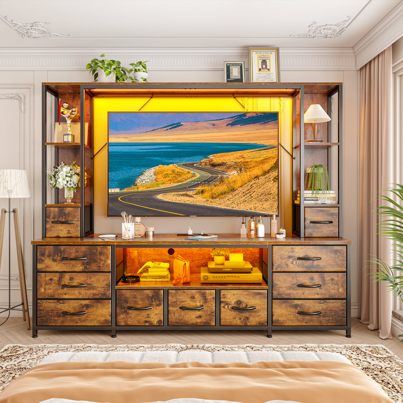 Wall-mounted 78.6"w Entertainment Center Tv Stand With 11 Fabric Drawers, Led Lighting & Built-in Outlets - Open Shelves For Living Room & Bedroom