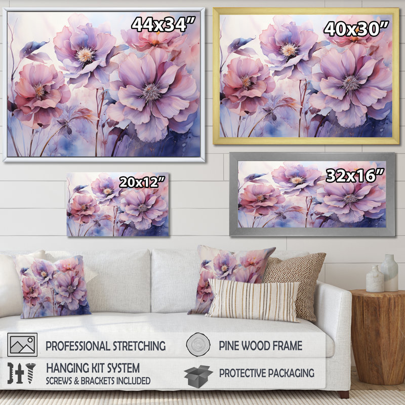«Purple Tranquil Petals I» sur toile, H 34 po x l 44 po x P 1,5 po, Cadre flottant blanc