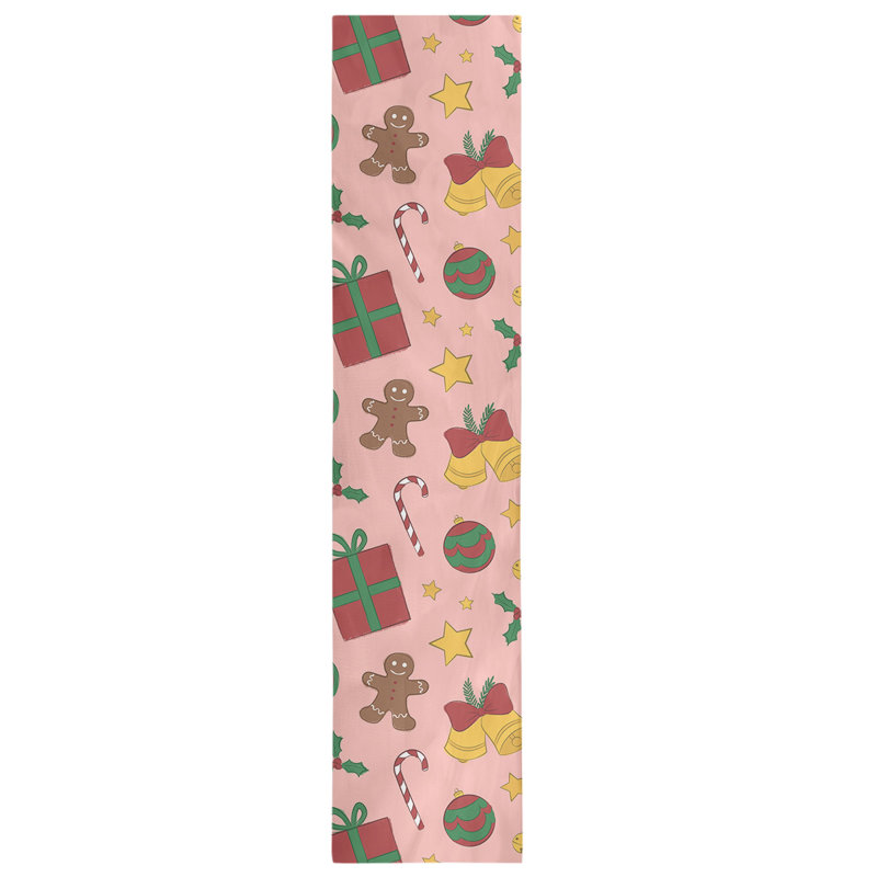 Festive Hol Christmas Table Runner, 72" L x 16" W, Cotton blend, Light Pink/Red/Yellow