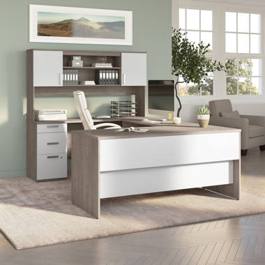 Bestar Logan 65W Computer Desk with Drawers in Medium Gray Maple