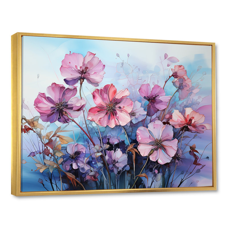 Fleurs d'hortensias roses et mauves sur toile, Cadre flottant doré, H 34 po x l 44 po