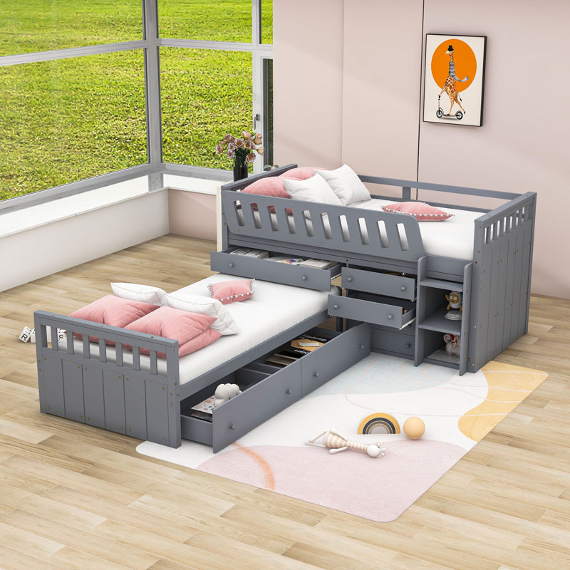 Lit superposé simple en bois 7 tiroirs, gris