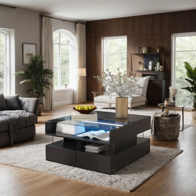 Modern Lift-Top Coffee Table with 2 Drawers & LED Lights - 29.5" Square Glass Top Storage Table for Living Room