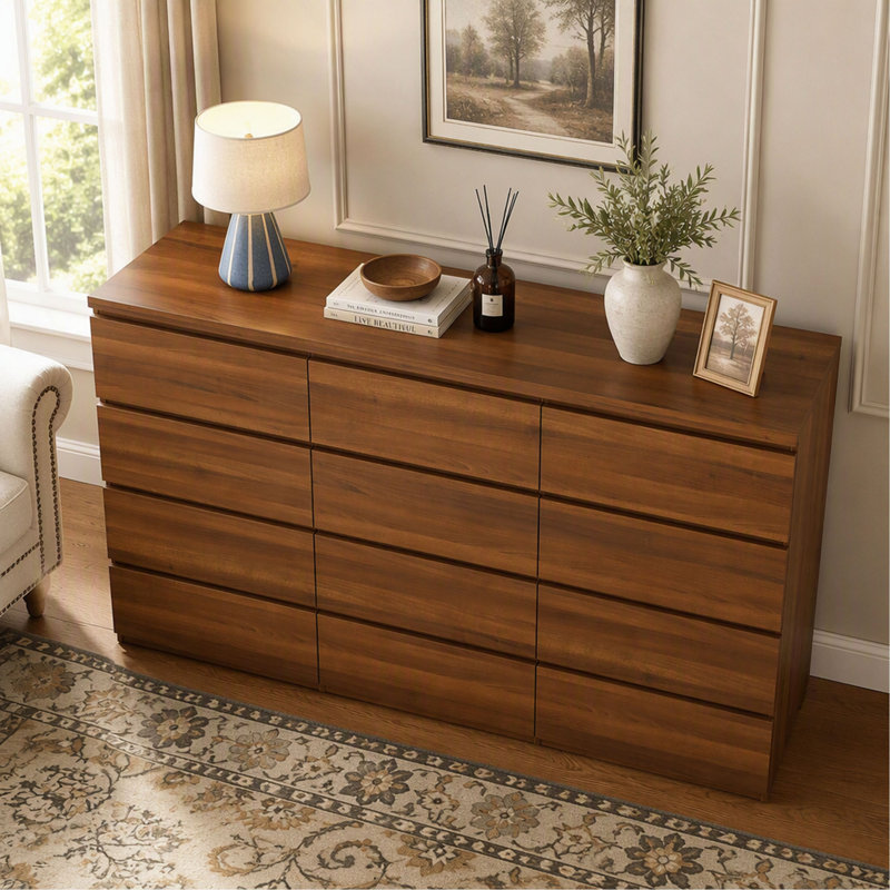 Commode double à 12 tiroirs en noyer au design moderne, grand meuble de rangement pour chambre à coucher