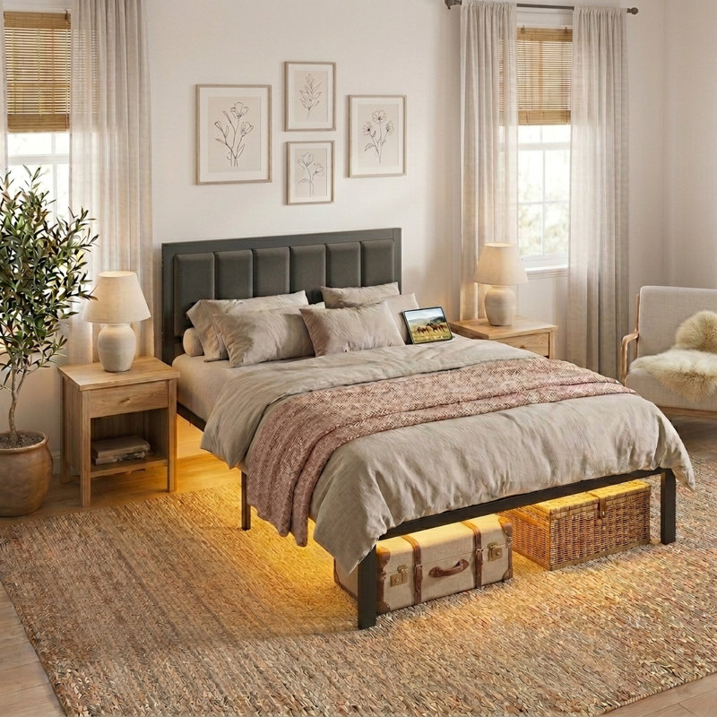 Jabril Bed Frame with Upholstered Headboard, Metal Platform Bed Frame with Power Outlets and LED Lights, Twin