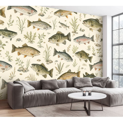 Papier peint adhésif peler et coller poisson d'eau douce truite sans soudure Bass River Plants Vintage Naturalist autocollant amovible papier contact mural pour salon