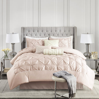 Édredon 7 pièces Blush - Style élégant, rembourré, comprend 1 édredon, 2 taies décoratives, 3 coussins décoratifs, jupe de lit au look magnifique, bourre, jupe, ensemble de literie lavable à la machine