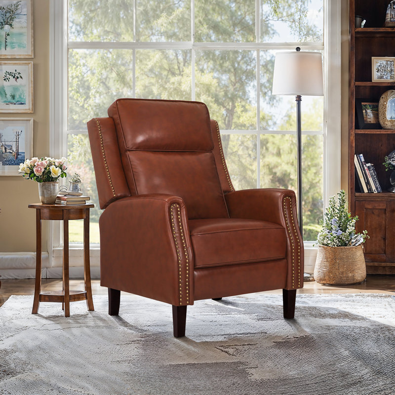 Evridiki 43.7" H x 28.7" W Manual Top Grain Genuine Leather Recliner, Red Brown