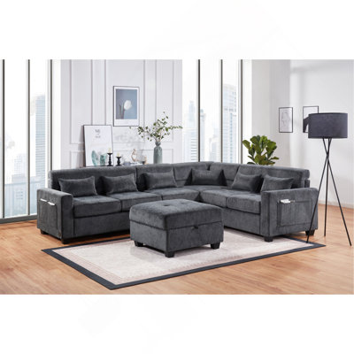 Trey 115"W Grey Chenille Sectional Sofa With Adjustable Backrest, Charging Ports, Pockets, Tufting, Storage Ottoman, Throw Pillows