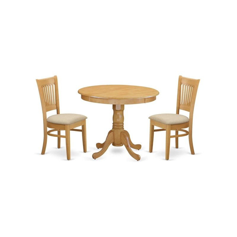 Ensemble de 3 tables de cuisine pour petits espaces comprenant une table de salle à manger ronde avec piédestal et 2 chaises rembourrées en tissu de lin, 36 x 36 pouces, chêne