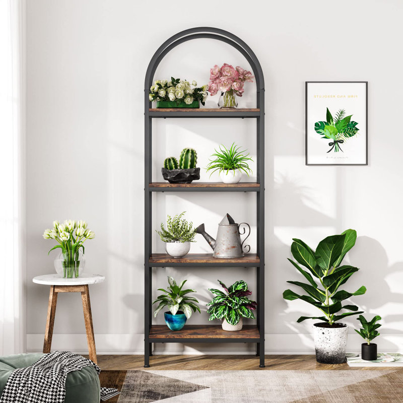 4 Layers Open Industrial Arched Bookcase Storage Rack, Rustic Brown