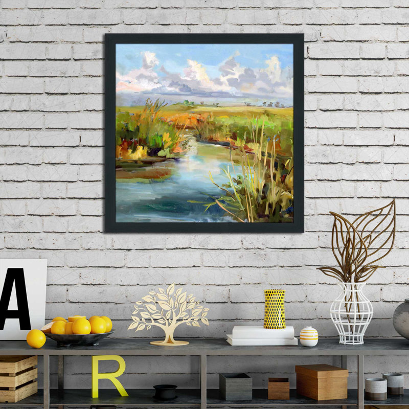 «Afprès Skies» par Carol Hallock - Peinture, Cadre espresso, H 37,5 po x l 37,5 po x P 1 po