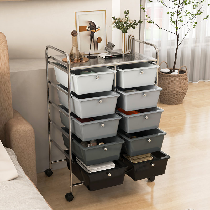 Nally 10 Drawer Storage Drawer with Locking Wheels, Grey/Silver