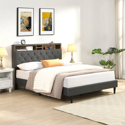 Structure de lit tapissier KING -Size avec tête de lit en lin capitonnée moderne, ports USB