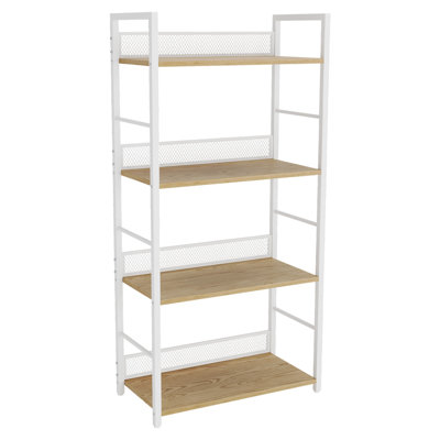 Bibliothèque étroite industrielle à 4 niveaux, structure en métal avec tablettes de rangement en bois aggloméré, panneaux de protection latéraux en forme de losange, présentoir moderne pour le salon et l'entrée, blanc mat et bois naturel