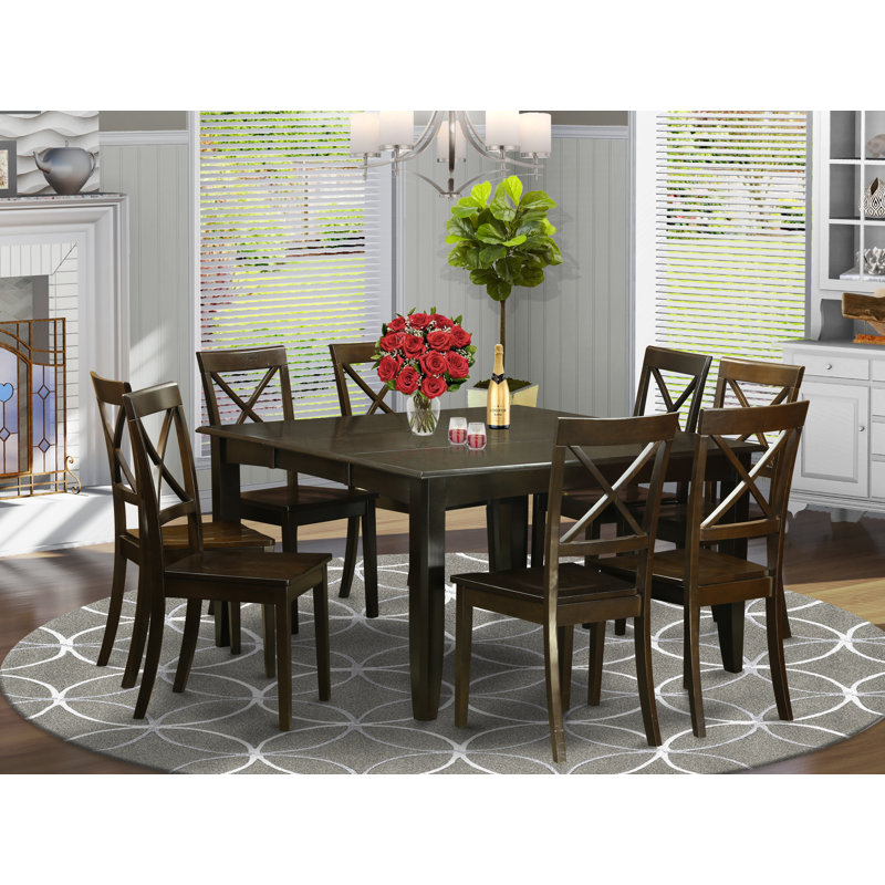 9 Piece Modern Dining Table Set Includes a Square Wooden Table with Butterfly Leaf and 8 Kitchen Dining Chairs, 54x54 Inch, Cappuccino