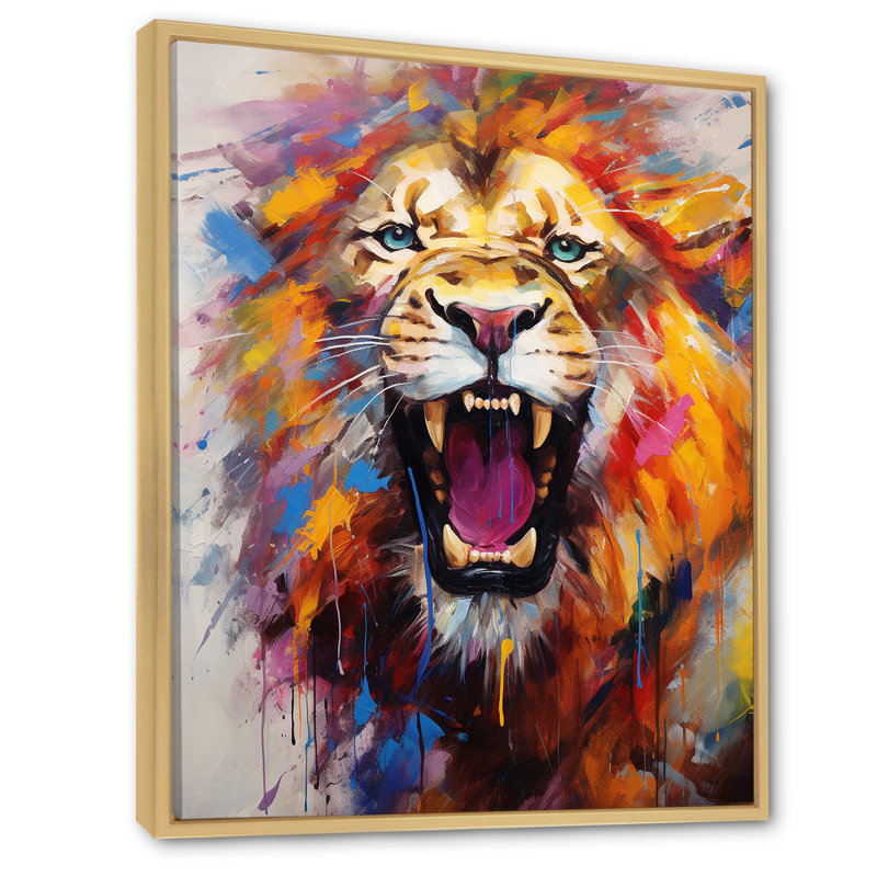 Abstrait lion rugissant - Lion, art mural, H 44 po x l 34 po x P 1,5 po, Cadre flottant en érable